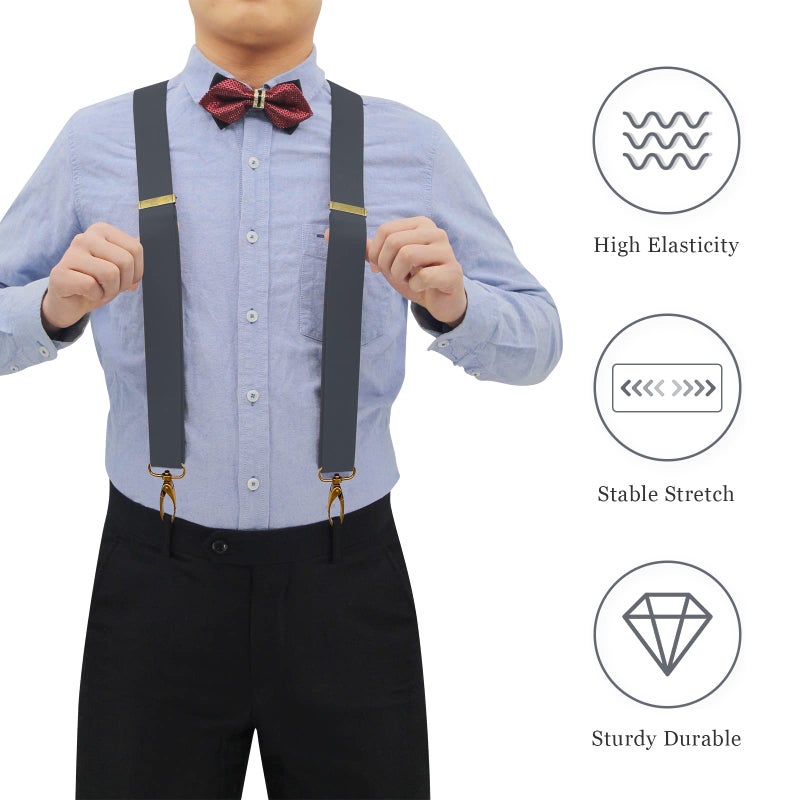 AYOSUSH Vintage Suspenders for Men Heavy Duty 4 Snap Hooks for Belt Loops Adjustable X Back (Dark Grey 2, One Size) - Image 3